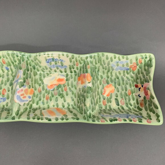 WCL Green Divided 3 Serving Dish Tray Plate 19 1/4 x 7 x 2 Floral Rectangle - Picture 4 of 7